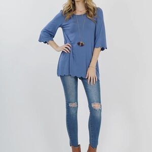 Blue Ruffled 3/4 Sleeve Tunic